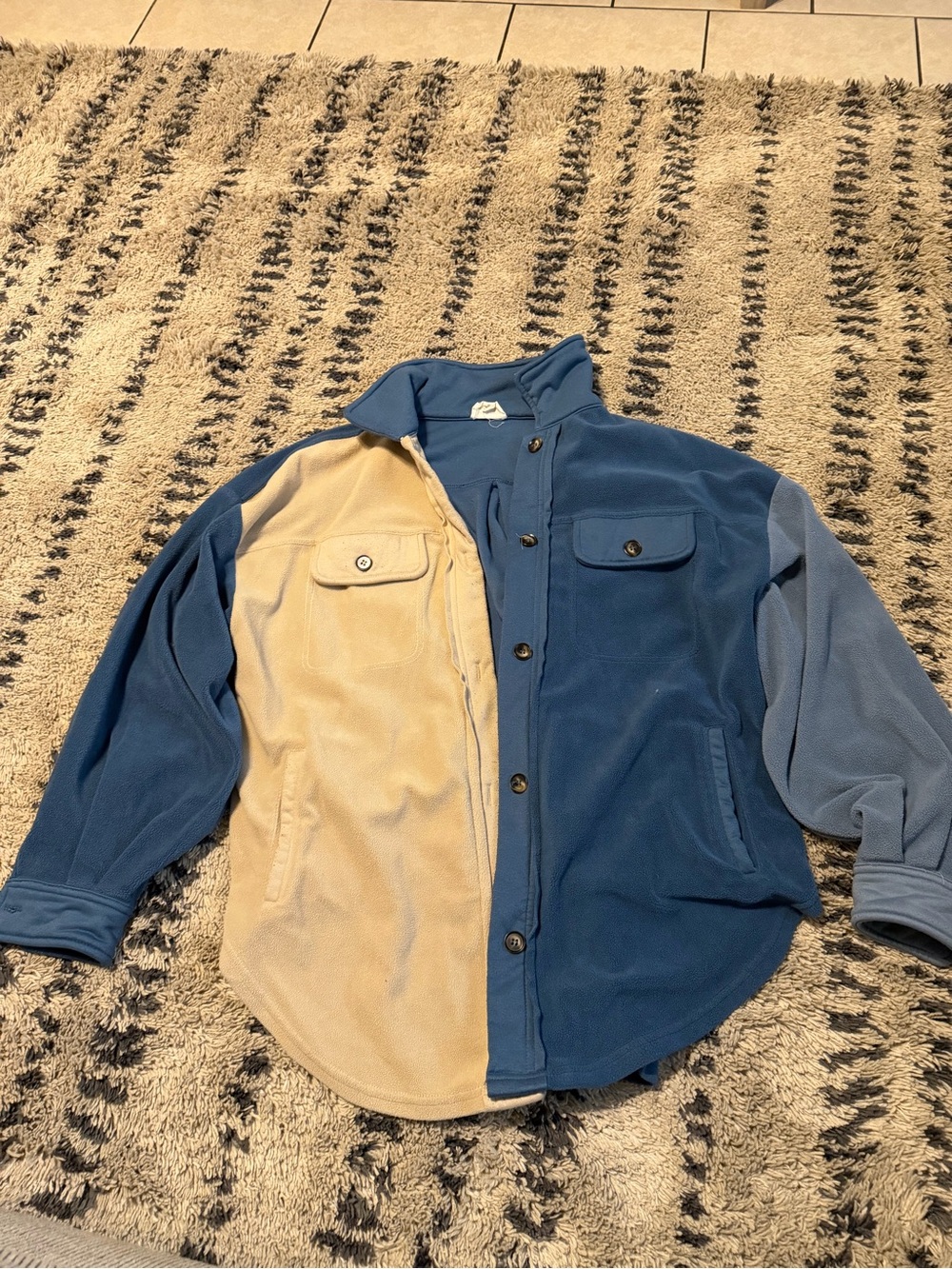 BiBi Two-Tone Button-Down Fleece Shirt Jacket in Blue and Cream